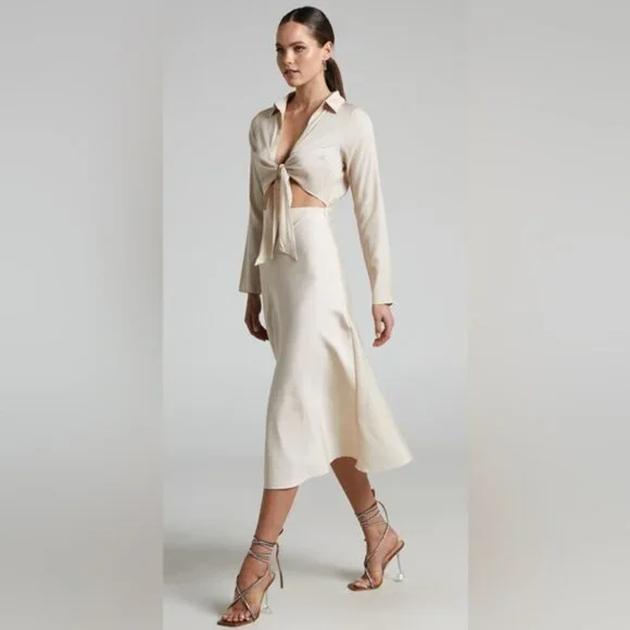 Showpo Annisa Tie Front Collared Midi Dress in Champagne - Picture 2 of 9